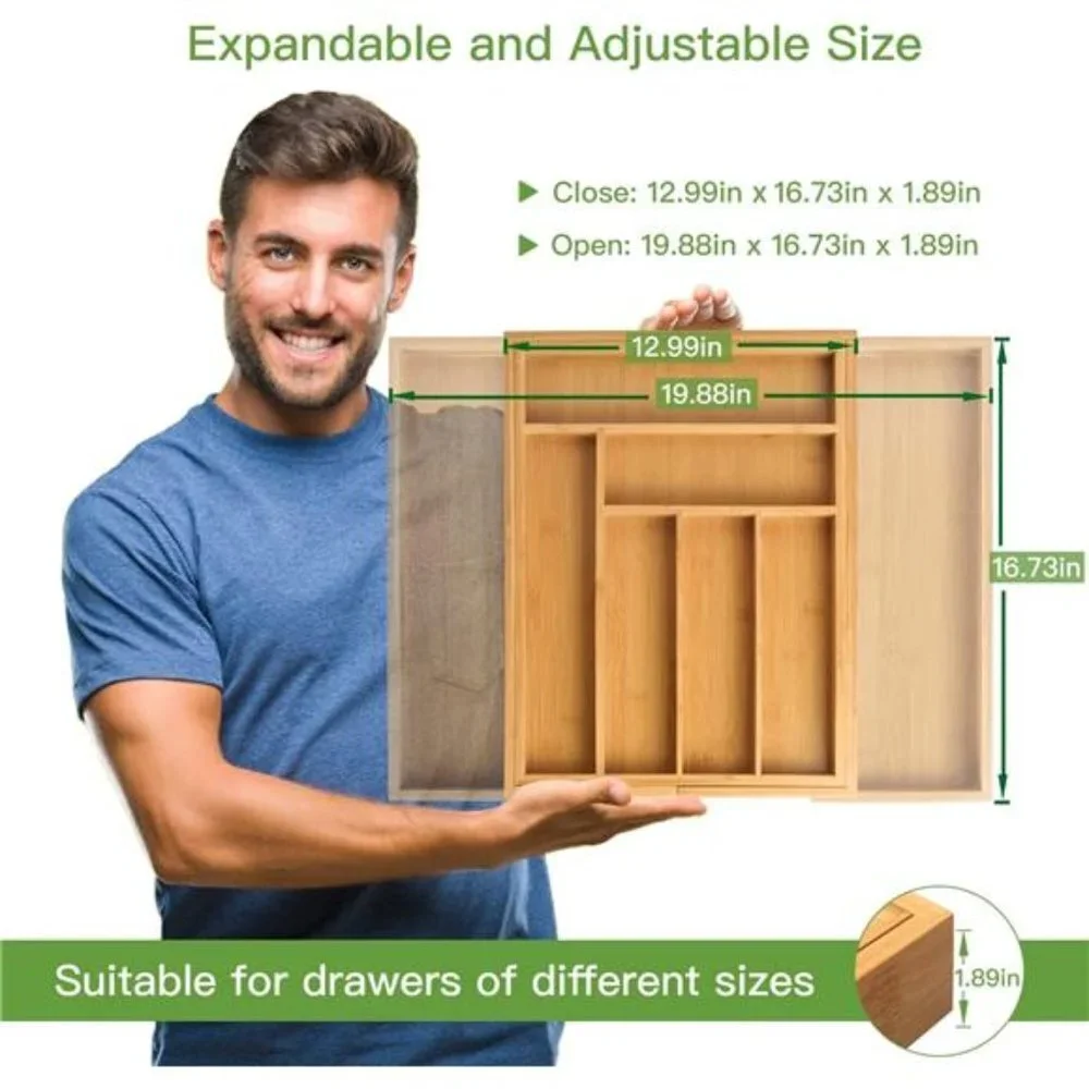 Bamboo Expandable Drawer Organizer for Utensils Holder, Adjustable Cutlery Tray